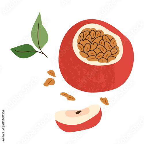 Isolated baked apple stuffed with muesli in flat style on white background. Sweet dessert or breakfast. Design for decoration bakery or menu cafe. Vector illustration