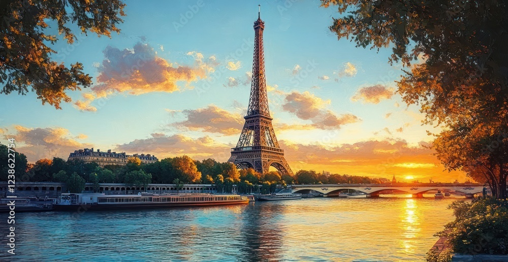 Obraz premium Sunset View of the Eiffel Tower in a Vintage Parisian Street