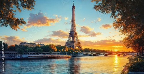 Fototapeta Naklejka Na Ścianę i Meble -  Sunset View of the Eiffel Tower in a Vintage Parisian Street