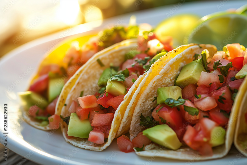 A plate of four tacos with lettuce, tomatoes, and avocado A plate of four tacos with lettuce, tomatoes, and avocado