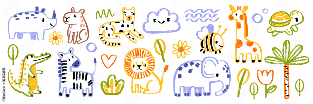 Obraz premium Kids animal doodle set, vector hand drawn childish African scribble, cute cartoon elephant, lion. Naive baby nature sticker, colorful pencil illustration, crocodile, capybara, palm. Kids doodle design