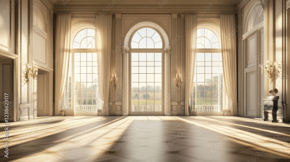 Obraz premium Sunlit grand hall, palace interior, scenic view, elegant event