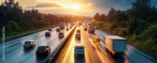 Highway Traffic with Trucks and Cars in Motion during Golden Hour