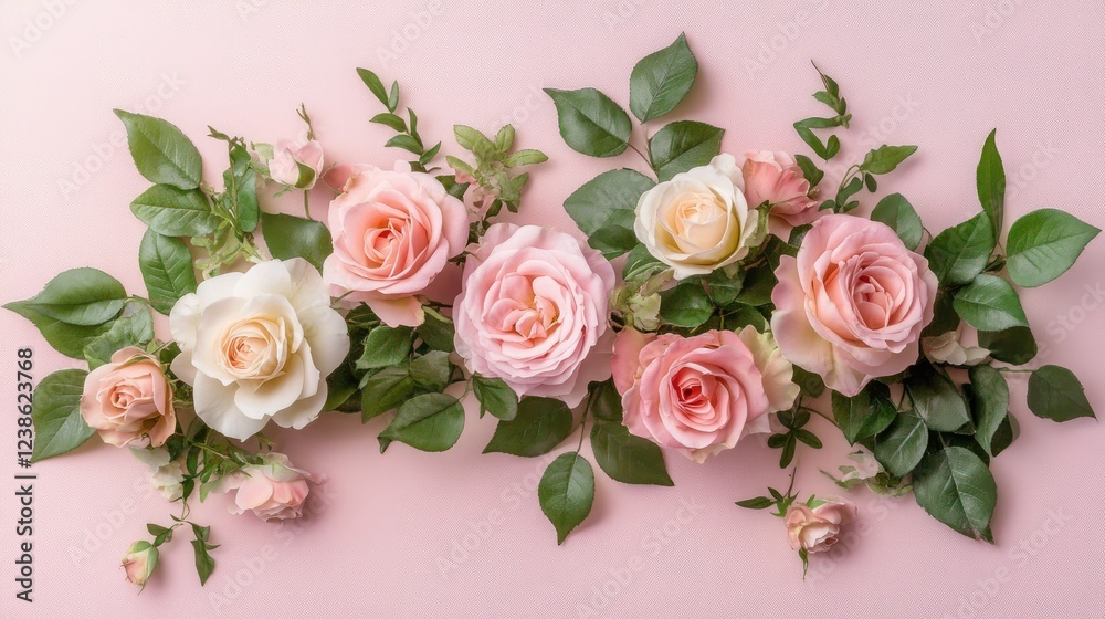 Obraz premium Delicate Pink and White Roses Decorated with Green Leaves