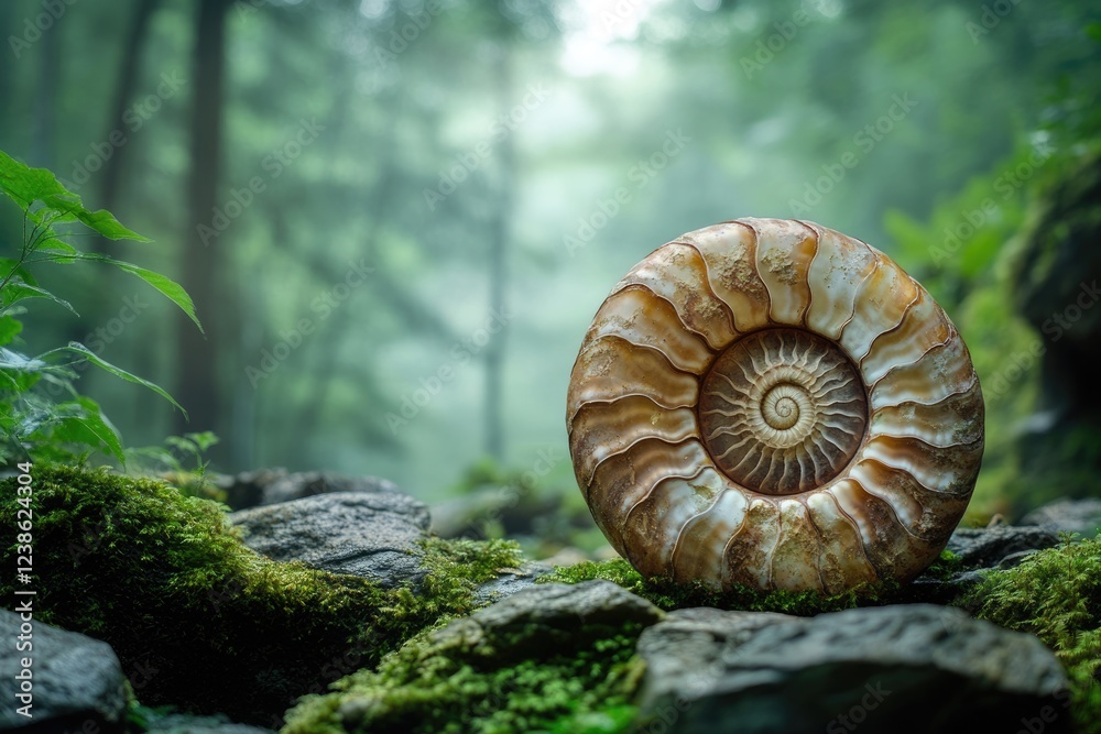 Ancient ammonite fossil rests on mossy rocks in a serene forest, showcasing nature's intricate beauty. Ancient ammonite fossil rests on mossy rocks in a serene forest, showcasing nature's intricate beauty.