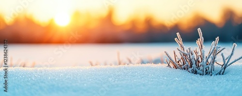 Snowy landscapes nature idea. Frosted grass shines under a warm sunrise in a serene winter landscape. photo