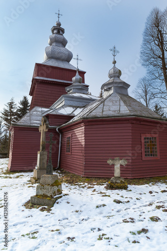 Historic wooden Lemko Orthodox church in Tylicz from 1743, dedicated to Saints Kosmas and Damian. 
