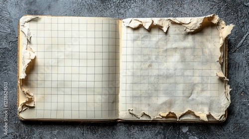 Antique, Damaged, Gridded Notebook; Aged Paper Texture, Vintage Book, Blank, Empty, Retro, Grunge, Destroyed, Decayed, Forgotten Diary, History, Memory, Past photo