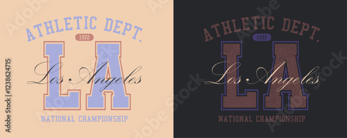 Los Angeles, National Championship, Athletic Department and retro college varsity typographic vector graphic.