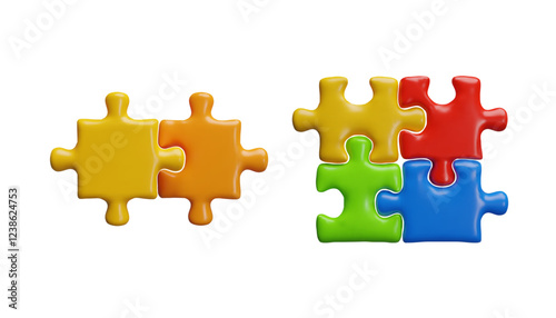 3D colorful jigsaw puzzle pieces connection vector set, assembled jigsaw logic game, problem solving, success strategy