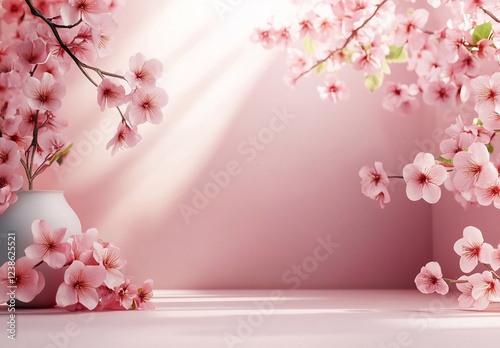 Empty white rectangle poster mockup with spring flowering tree branch with white flowers on pastel beige background. Flat lay, top view minimal pedestal for beauty, cosmetic product presentation