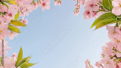 Explore blooming cherry blossoms framing a clear blue sky during spring in a serene garden landscape