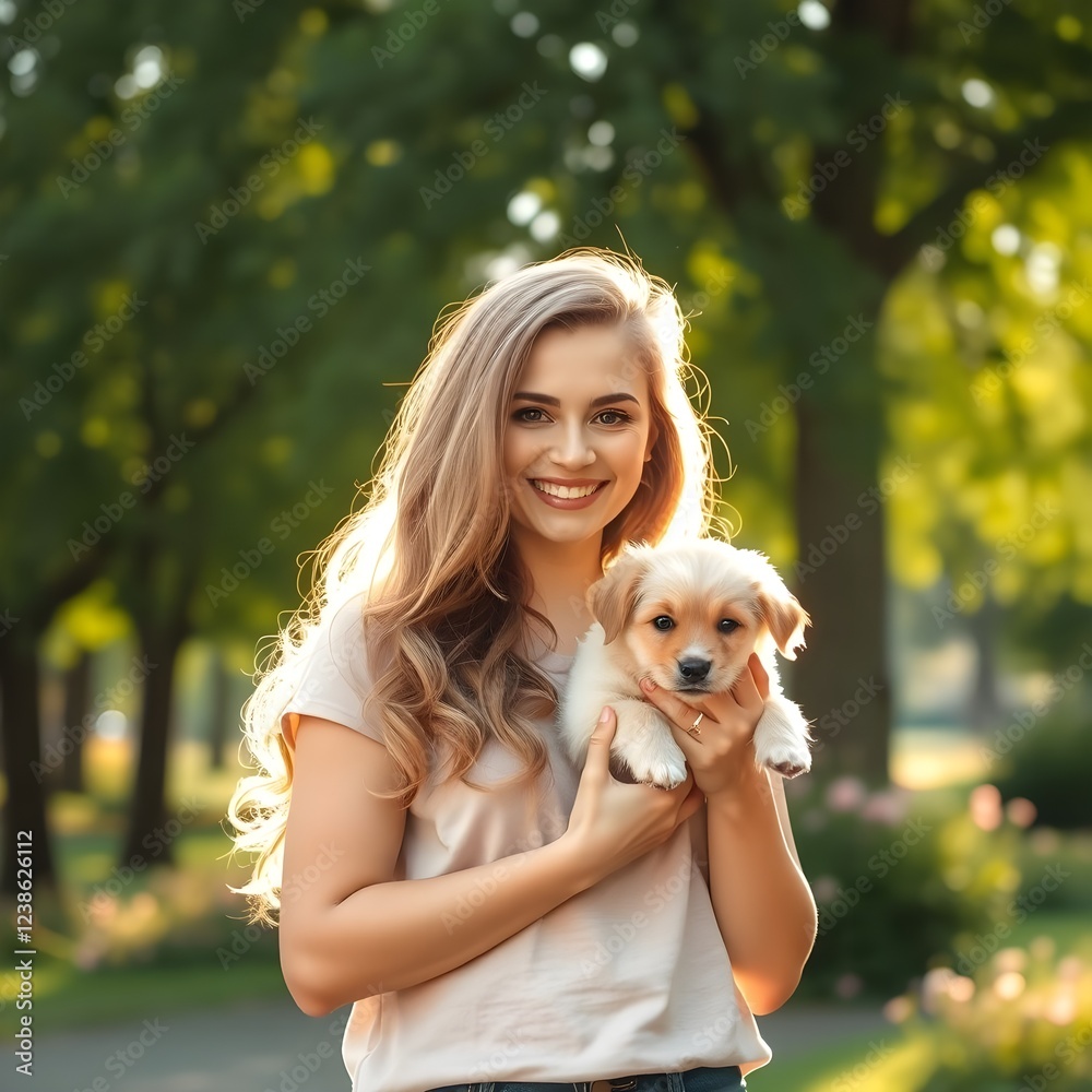 una mujer con cabello permanente sosteniendo a un cachorro una mujer con cabello permanente sosteniendo a un cachorro