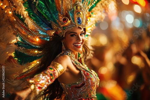 A vibrant and energetic woman dances in colorful costume during the Rio Carnival parade.  photo