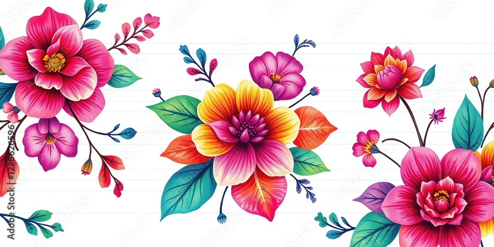 Fototapeta premium Abstract Floral Designs on Lined Paper
