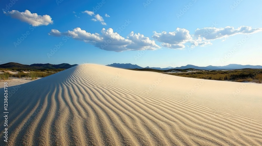 Serene Sand Dune Landscape Under Clear Blue Sky with Clouds Serene Sand Dune Landscape Under Clear Blue Sky with Clouds