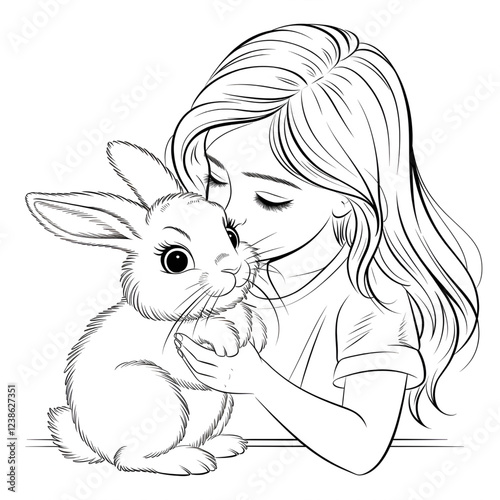 A line art a girl kisses a rabbit illustration of a coloring page