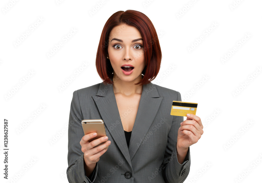 woman in a gray blazer holding a smartphone and credit card, expressing surprise, isolated on white background woman in a gray blazer holding a smartphone and credit card, expressing surprise, isolated on white background