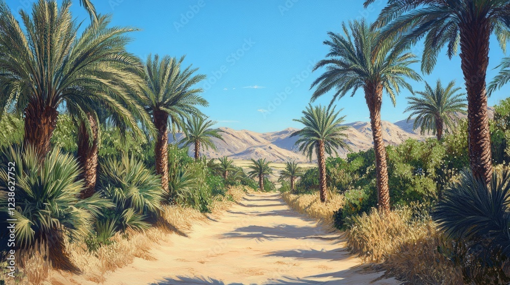 Serene Desert Oasis with Lush Palm Trees and Scenic Pathway Serene Desert Oasis with Lush Palm Trees and Scenic Pathway