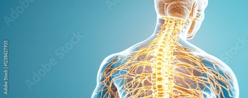 A stylized representation of a human spine and nervous system, showcasing glowing neural pathways against a blue background.