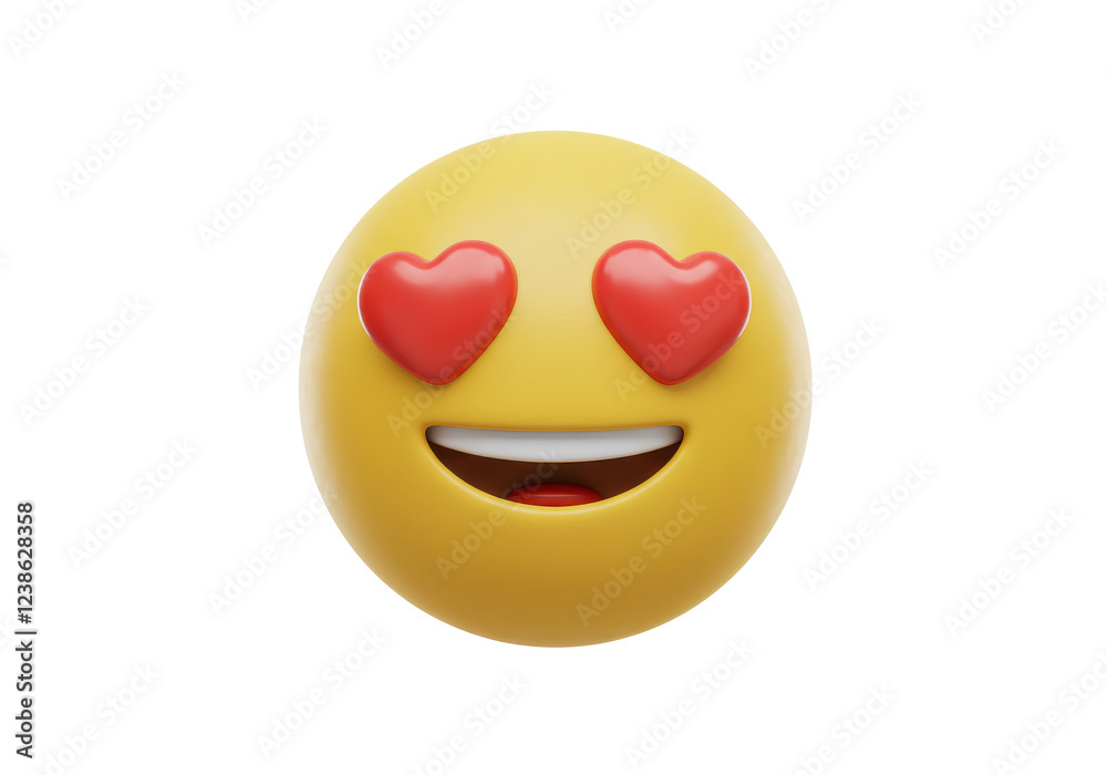 Fototapeta premium A yellow 3D emoji with heart-shaped eyes and a wide open smile, isolated on a white background
