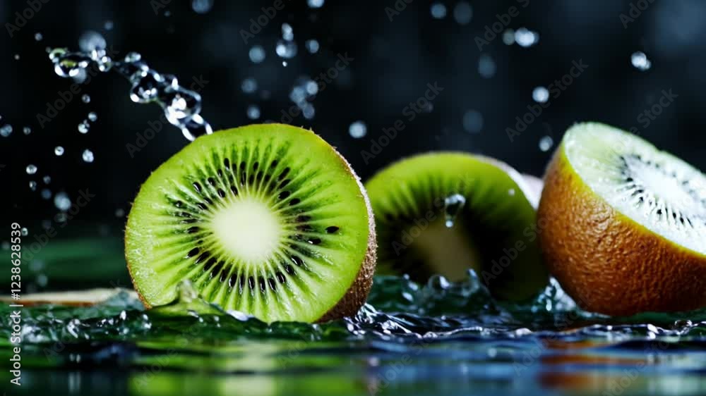 Fresh kiwi slices with water droplets on a dark background, food photography