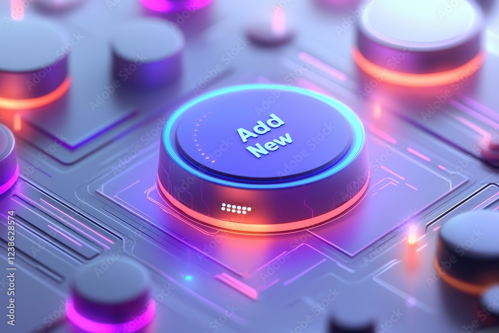 Close-up of futuristic button with text Add New and glowing background Close-up of futuristic button with text Add New and glowing background