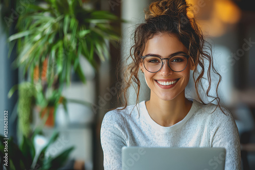 Woman with glasses smiling while looking at her laptop in a cozy indoor setting during the day