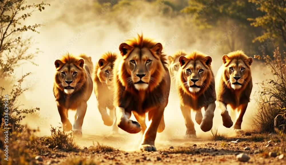 a group of lions running across the dusty ground