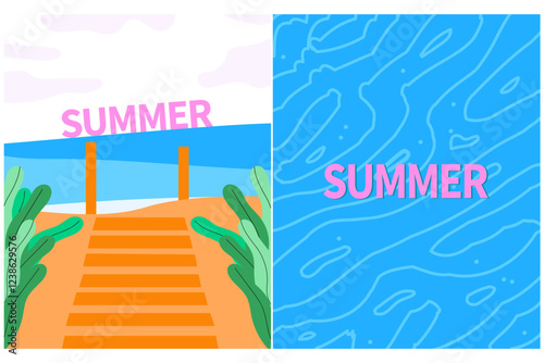 Hello summer card with Beach and Swimming pool. Modern isolated vector illustration.