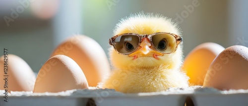 Funny easter concept holiday animal celebration greeting card - Cool cute easter chik with sunglasses, sitting in a egg carton photo