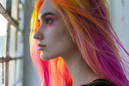 Bold multicolored hair styled creatively in vibrant indoor setting photo