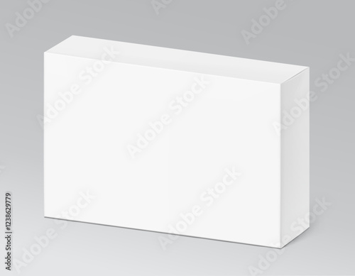Realistic white closed paperboard box mockup. Vector illustration isolated on grey background. Taking your 2D designs into 3D. Can be use for medicine, food, cosmetic and other. EPS10.