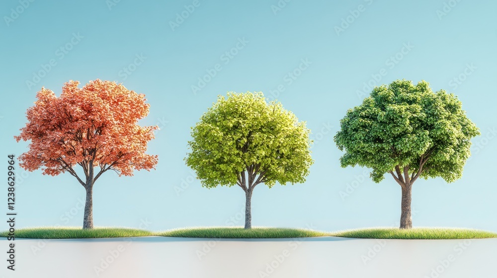 Colorful trees showcasing seasonal changes in a tranquil landscape with clear blue sky. Generative AI