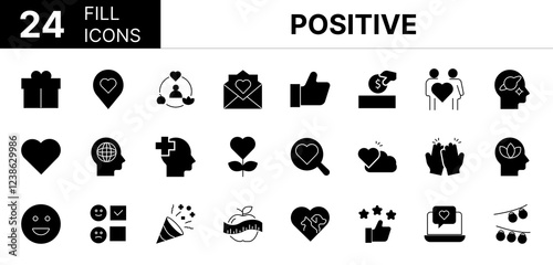 Collection of 24 positive fill icons featuring editable strokes. These outline icons depict various modes of positive, thinking, psychology, icon, emotion, thought, attitude, health, brain, mental, ve
