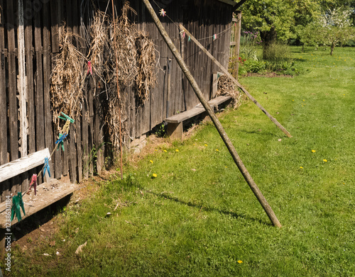 An old woodshed with a wooden wall in the countryside and a clothesline; two old wooden benches on the ground by the wall. photo