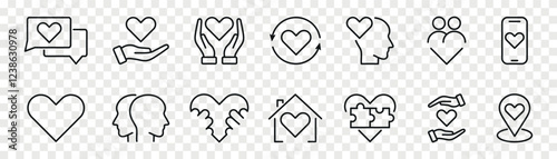 Heart, love, charity related isolated outline icons set
