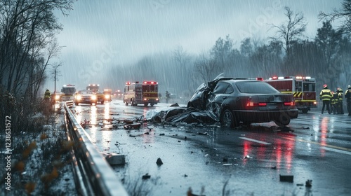 Emergency response teams assist at a serious car accident on a rainy highway in a rural area. Generative AI