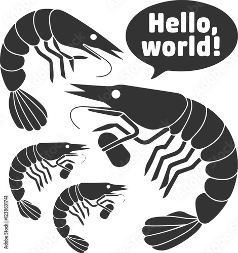 Black vector graphics show four shrimp, one with a speech bubble, which reads "Hello, world!
