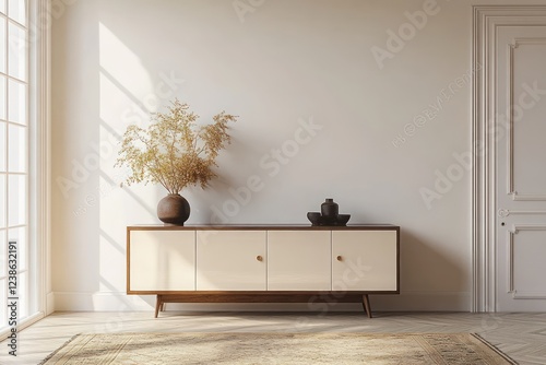 Minimalist Scandinavian Interior Design Sleek Cabinet Bright White Wall Natural Light