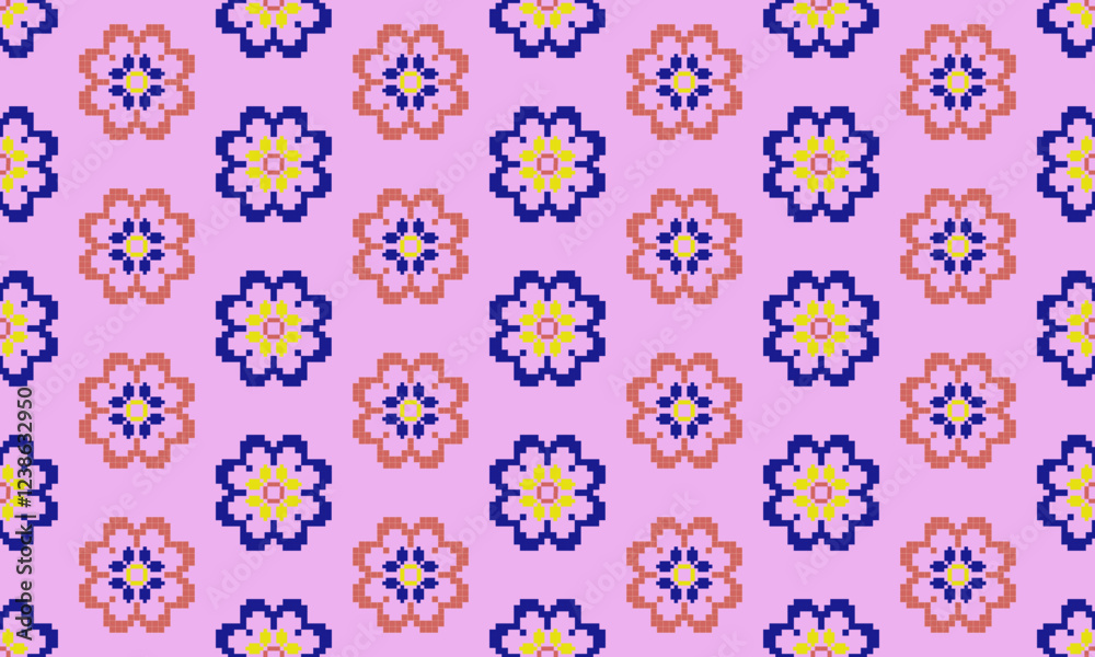 a detailed pattern composed of square shape designs with blue and orange flowers on light pink background , design for fabric or various pattern printing works. a detailed pattern composed of square shape designs with blue and orange flowers on light pink background , design for fabric or various pattern printing works.