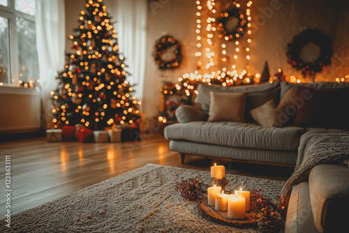 Living room with a decorated christmas tree cozy couch and holiday decorations creating a festive atmosphere for the winter season photo