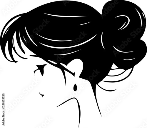 Illustration of a woman's profile with an elegant updo hairstyle and a decorative hair accessory