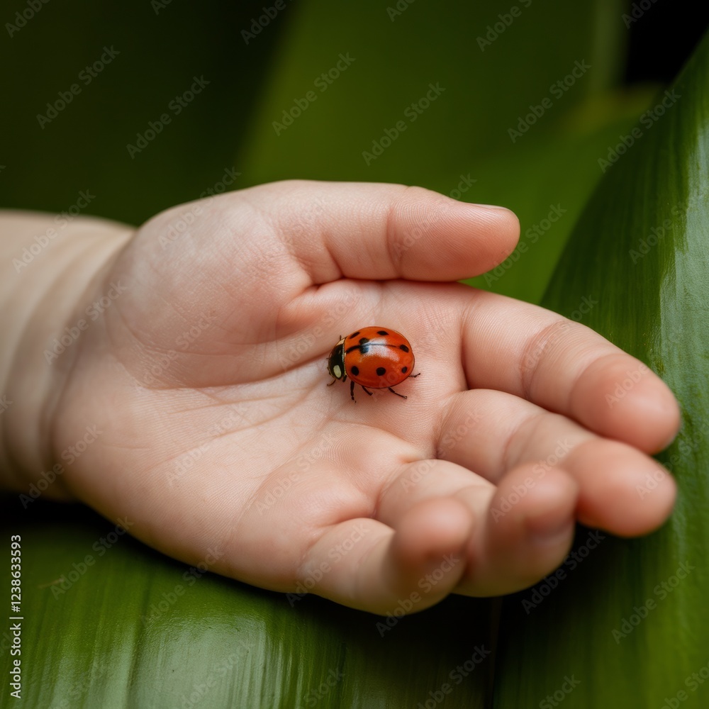 Child's hand gently holds a ladybug on a green leaf during a sunny day in a garden Child's hand gently holds a ladybug on a green leaf during a sunny day in a garden