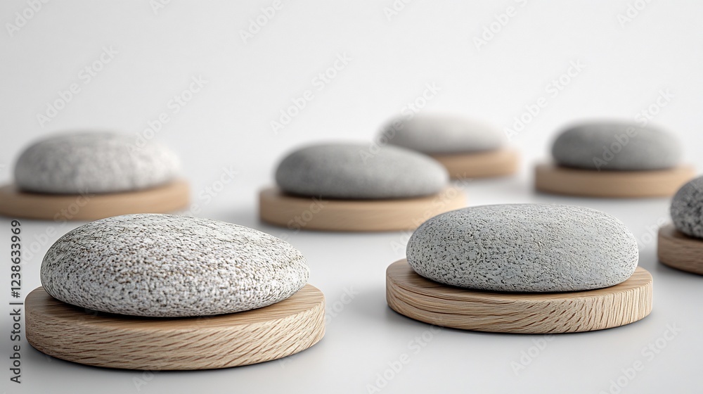 Soft light illuminates serene grey stone objects artfully arranged on light wood bases. AI Generated Soft light illuminates serene grey stone objects artfully arranged on light wood bases. AI Generated