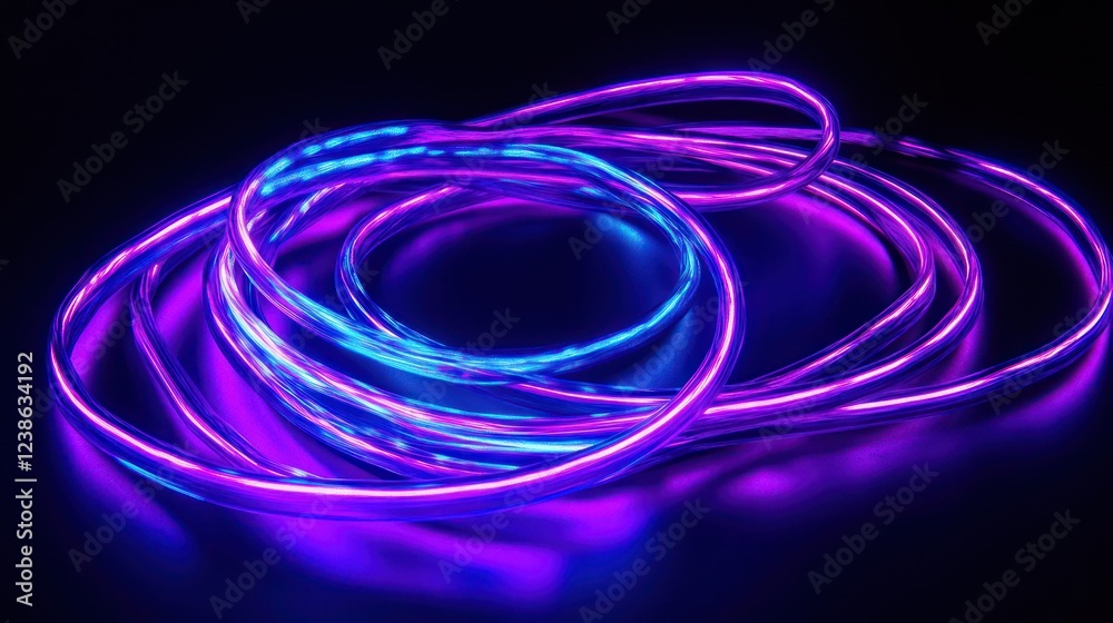 Curved neon lines in electric blue and purple, glowing against a deep black background Curved neon lines in electric blue and purple, glowing against a deep black background
