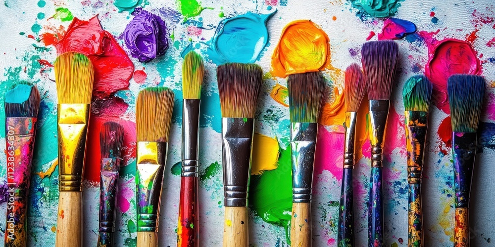Fototapeta premium Colorful Vibrant Paintbrushes and Paint Splashes on White Background