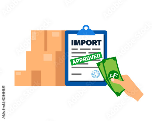 Import tax and duty - hand with dollars, document and boxes.