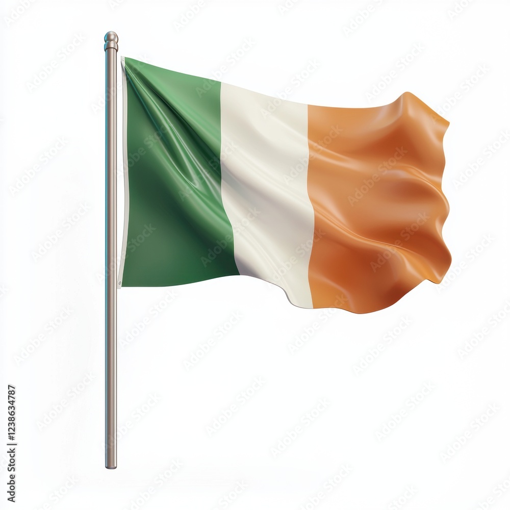 Fototapeta premium Irish flag waving in the wind, symbolizing Saint Patricks Day and Irish heritage, isolated on white background