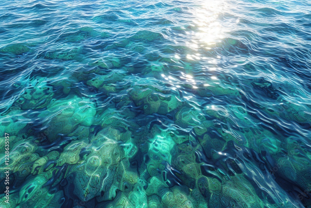 A serene view of clear blue water revealing submerged rocks, illuminated by sunlight, creating a tranquil underwater scene. A serene view of clear blue water revealing submerged rocks, illuminated by sunlight, creating a tranquil underwater scene.